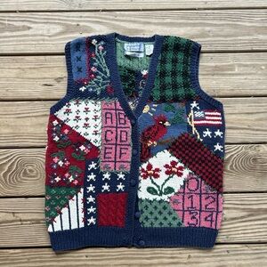 Vintage 90s Northern Isle Hand Knit Patchwork Button Up Sweater Vest Size XL